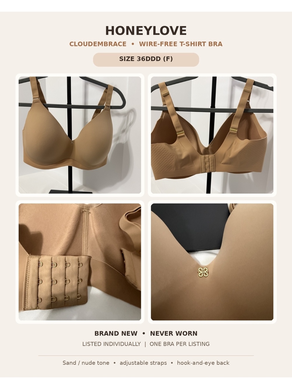 Honeylove CloudEmbrace Wire-Free T-Shirt Bra Sand 36DDD/F New